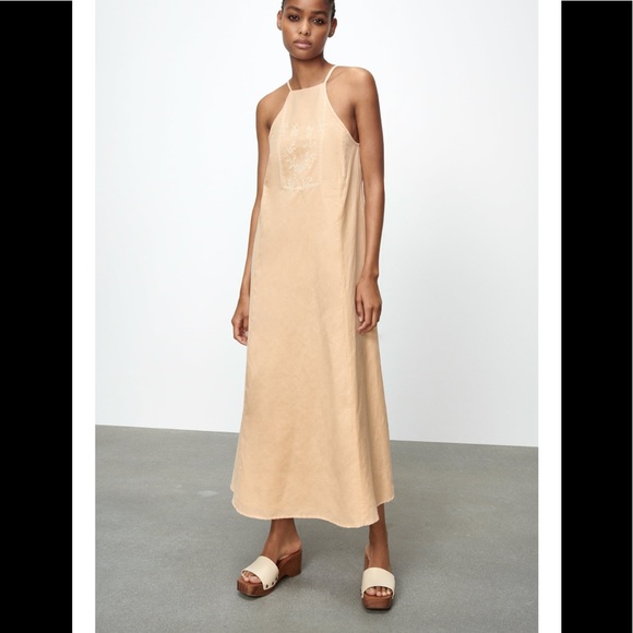 zara linen blend dress with embroidery ZARA NWT WOMAN EMBROIDERED LINEN BLEND MIDI DRESS SAND | 8741/029